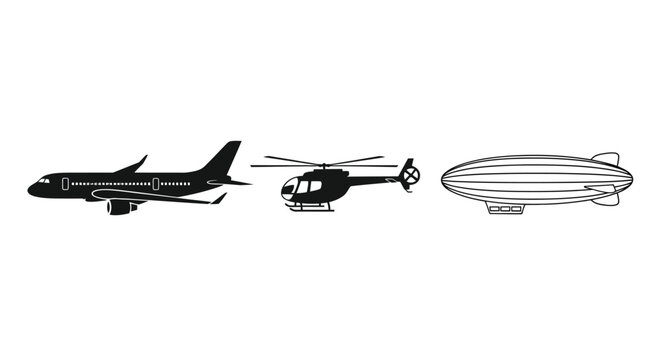 Silhouettes of an airplane helicopter and airship in a linear arrangement