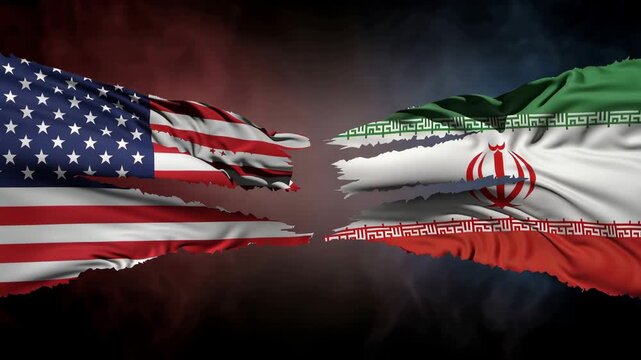 American and Iranian torn flags face off against each other. Geopolitical concept of conflict between nations. International relations.	