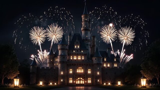 Fireworks exploding over castle building.