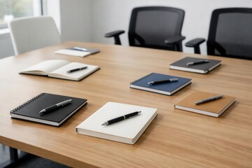 Naklejka premium Clean Minimalist Meeting Room with Notebooks and Pens on Wooden Table Ready for Work
