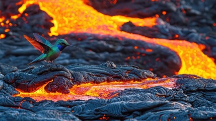 Fototapeta premium A colorful hummingbird rests on a black rock formation with glowing orange lava flowing nearby. AI.