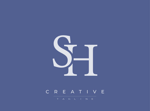 SH monogram logo with creative tagline on blue background