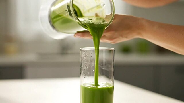 Pouring a fresh green vegetable smoothie into a clear glass in a bright kitchen setting.