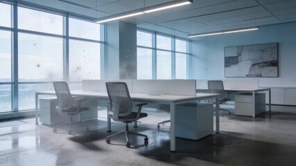 Fototapeta premium Modern Office Interior with Wet Floor, Large Windows, and Open Workspace Desks
