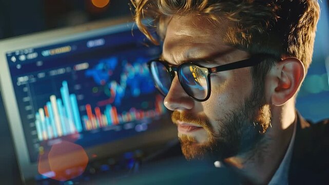 Focused Insight: A focused individual studies complex financial data on a modern computer screen, reflecting deep concentration and analytical thinking.