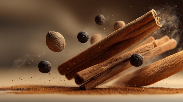 Floating spices in dramatic light. AI generated