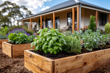 Herbs and vegetables grow in raised garden beds near a house on a sunny day in autumn