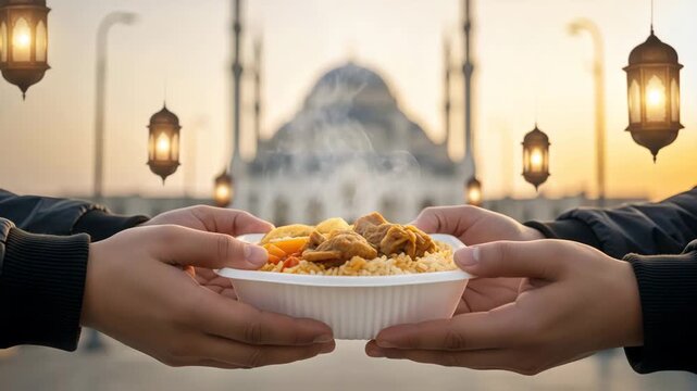 Two people hands sharing a hot meal in a disposable container, symbolizing charity and donation for traditional Ramadan Iftar or Sadaqah