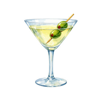 A watercolor vector of a martini cocktail glass with two olives on a skewer for bar menu designs, cocktail illustrations, and classic drink clipart.
