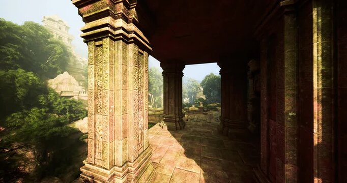 Sunlit temple portico with guardian statue, carved stone figure beside fluted columns, warm light sculpting deep shadows and highlighting weathered relief,