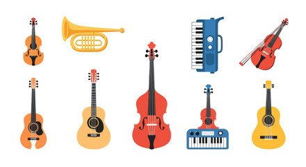 Collection of musical instruments guitars violins trumpet and keyboard © shuma