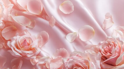 Fototapeta premium Elegant pink roses on soft fabric with petals. Artificial intelligence image