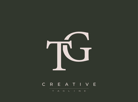 Tg logo design template with creative tagline on dark background