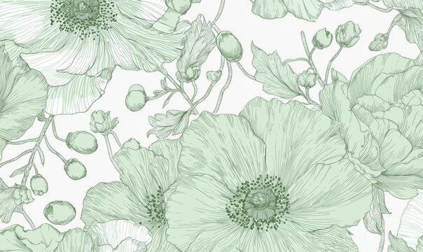 design an elegant and sophisticated pattern featuring delicate floral motifs in soft pastel green, with subtle outlines on a white background Generative AI