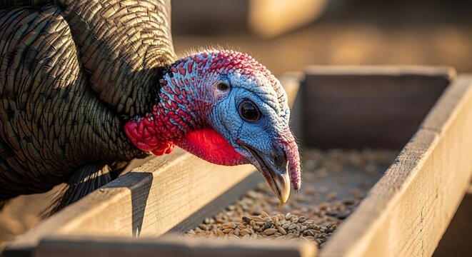 Close-up of a turkey's head with vibrant blue and red wattles eating from a wooden feeder