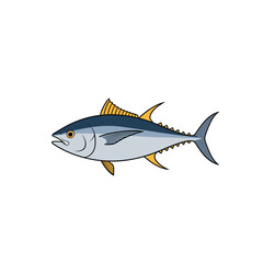 Fototapeta premium A detailed illustration of a tuna fish with its fins and tail clearly visible against a white background.