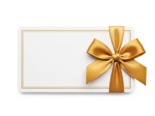 Fototapeta premium Elegant gold ribbon tied around a blank white card on a white background