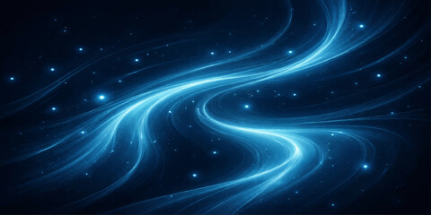 An abstract blue space background features a glowing galaxy nebula with fractal stars and a swirling motion design across a dark night sky wallpaper © MDROBIUL