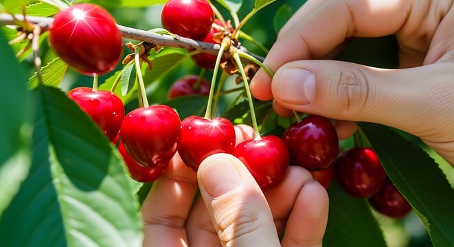Hands picking ripe red cherries from a branch on a sunny day