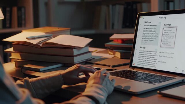 Researcher Studying With Laptop And Stacked Books, Desk Lamp Illumination And Open Notebooks, Slow Typing And Thoughtful Pauses, Essay Editing And Literature Review In Calm Study Environment