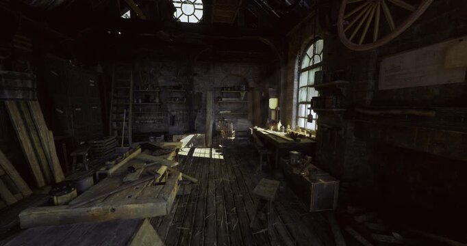 Bright restoration scene, Restoration space illuminated with skilled craftsmanship, Workshop bathed in light with tools and active repair efforts