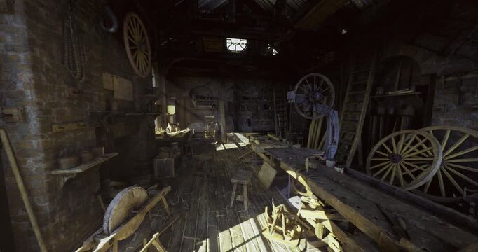 museum conservation corner for timber artifacts with measured light, archival boxes, benches and calibrated tools, careful documentation and preservation