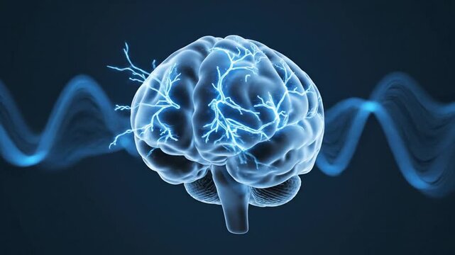 Futuristic visualization of the human brain's complex neural networks and electrical impulses, representing cognitive functions, intelligence, and advanced mental activity