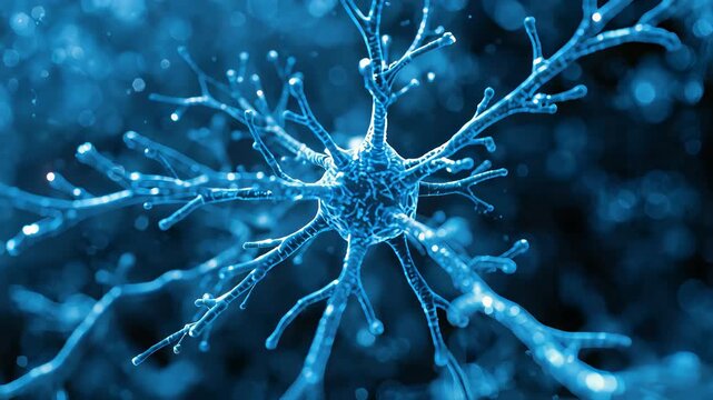 Closeup of neuron cell with branching dendrites and glowing synapses in blue microscopic environment
