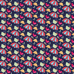 Naklejka premium Colorful beachthemed pattern with umbrella and hat on blue background