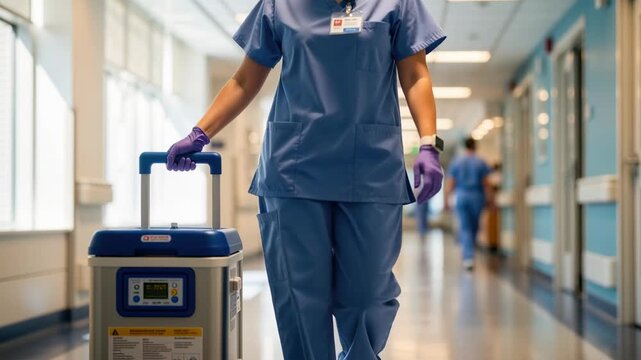 Female nurse walking through a hospital corridor with a medical transport container. Healthcare professional in scrubs and mask moving equipment in a clinic. Medical delivery concept