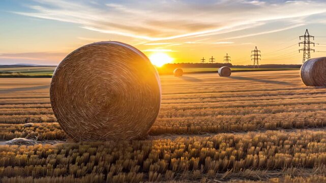 Rural landscape with straw stacks, hay bales on agriculture field in summer, farm and agriculture concept