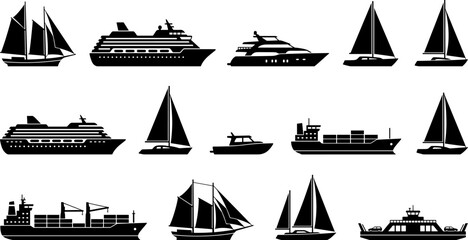 Set of boats and ships silhouette icon vector illustration featuring sailboats, yachts, cruise liners, cargo vessels, and ferries motifs © Umme