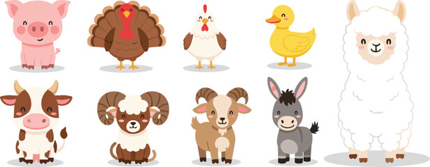 Cute farm animals cartoon set. Pig, turkey, chicken, duck, cow, ram, goat, donkey and llama characters. Funny domestic livestock vector collection. © IVY QUEEN