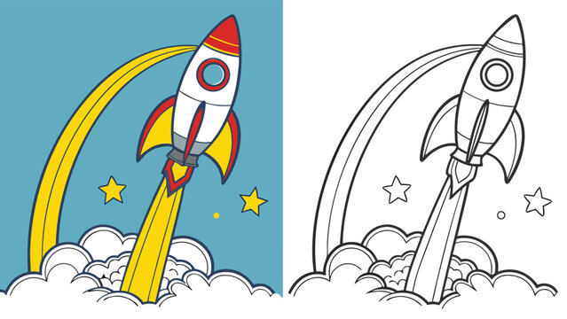 Vector illustration cartoon rocket ship launch with coloring page version for kids