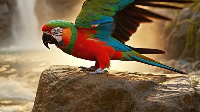 Vibrant Scarlet Macaw Parrot Resting on Rock by Riverside in Natural Habitat