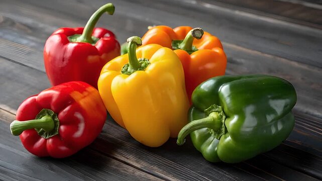 Vibrant Bell Peppers Still Life: Red, Yellow, Green & Orange on Rustic Wood 