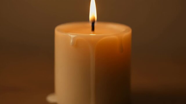 Close up shot of a burning candle with wax dripping down the sides