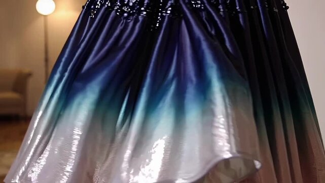 Elegant Flowing Fabric. Glamorous Satin Skirt With Shimmer. Graceful Ombre Satin Skirt Twirling Elegantly In Studio. Closeup Of Shimmering Gradient Satin Skirt With Sequined Waistband In Slow Motion