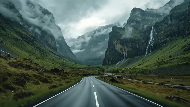 Empty road leading through green valley with mountains and waterfalls under cloudy sky perspective view