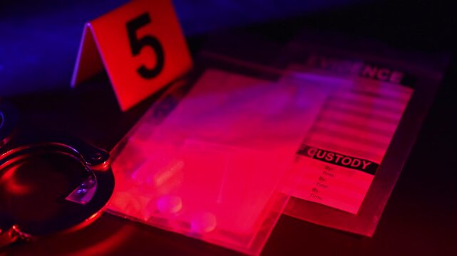 Police yellow crime markers next to bag of Opioid Fentanyl evidence and handcuffs. Crime scene of drug sale by drug dealer. Arrest and custody concept. Law enforcement and public service agency.