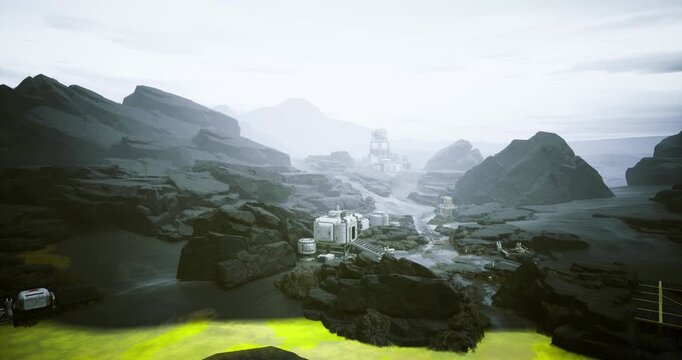 research camp in rocky valley with sample tents and lab modules, scientists collecting sediment and gas samples near yellow pools, dirt track leading to distant