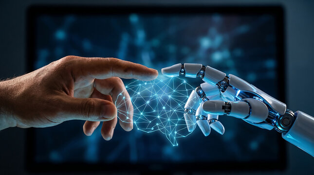 Human and Robot Hands Touching Glowing Digital Network Dark Background AI Concept