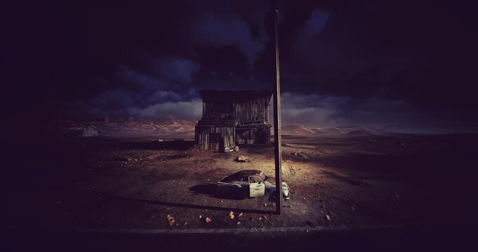 Silent abandoned cabin, Desolate wooden shelter beneath turbulent dark clouds, Isolation reigns over forsaken shack with moonlit tumbleweed scene