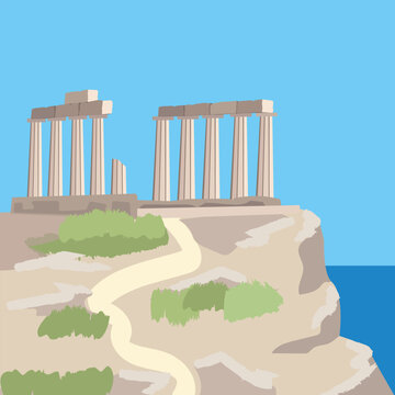 Sounio, Temple of Poseidon overlooking the Aegean Sea and blue sky. Greek mythology and archaeology. Vector illustration. Acient Greece.