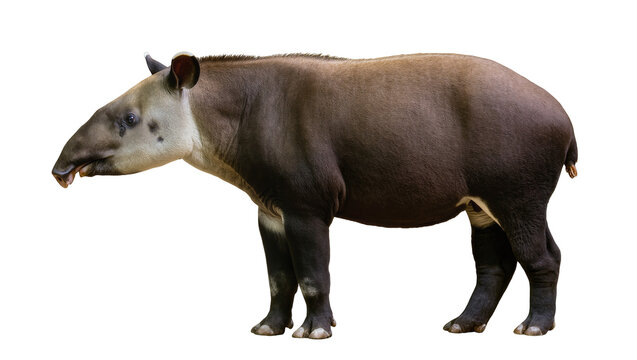 Large South American lowland tapir, a robust mammal with a distinctive proboscis, standing in profile, isolated on transparent background PNG