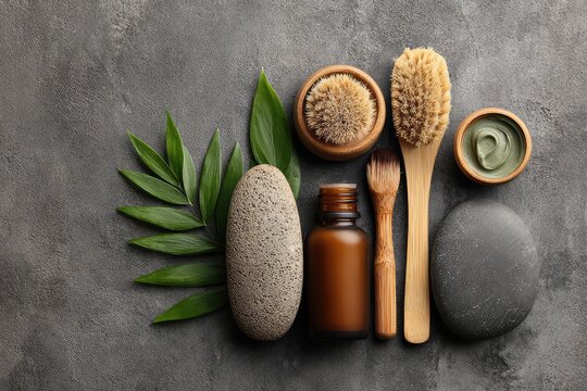 Flat lay of eco friendly cosmetics with bamboo brushes