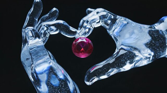 Transparent Ice Hands Forming Heart with Floating Red Ruby Gem
