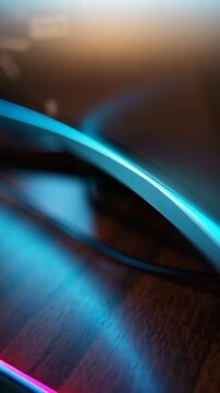 Close up of an RGB gaming mouse pad and monitor stand glowing with neon colors on a dark wooden desk.