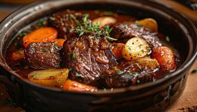 Savory dark beef stew with roasted potatoes, carrots, and thyme in a rustic pot