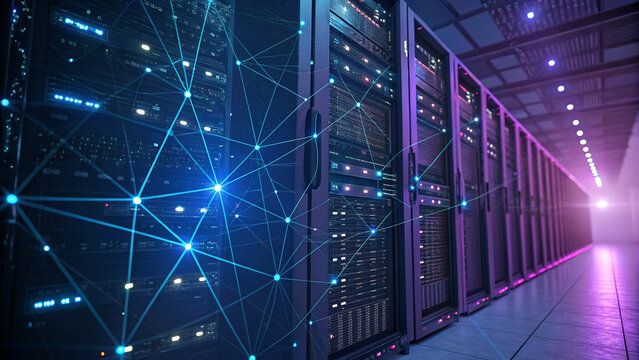 Futuristic Data Center Server Room With Digital Network Connection For Cloud Computing And Artificial Intelligence Technology